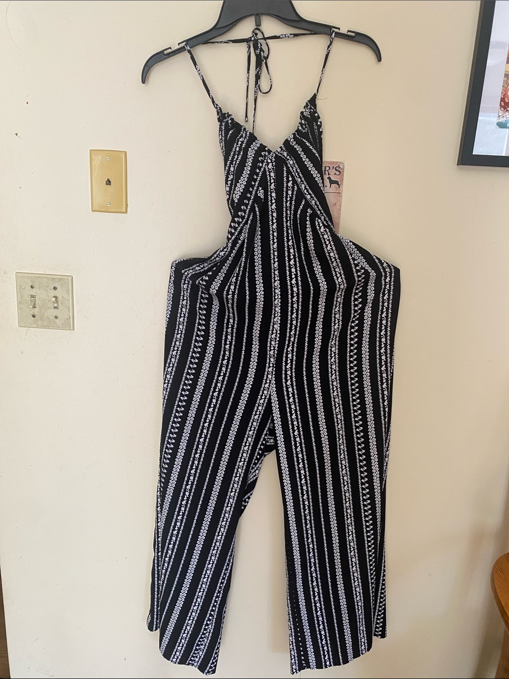 Black & White Striped, Floral & Geometric Halterneck Wide-Leg Jumpsuit US Sz Med